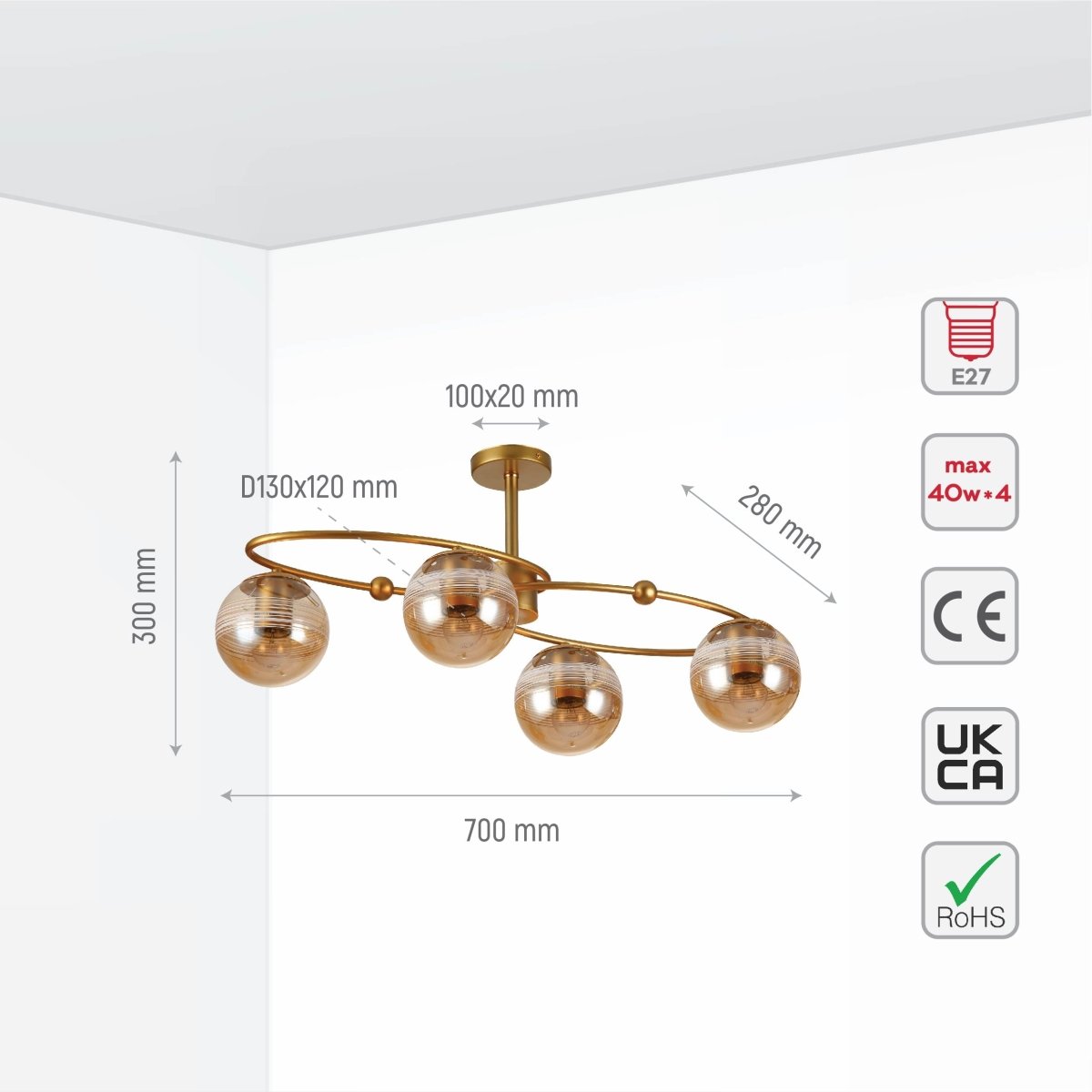 Size and specs of Amber Globe Glass Gold Ellipse Metal Body Semi Flush Modern Ceiling Light with E27 Fittings | TEKLED 159-17664