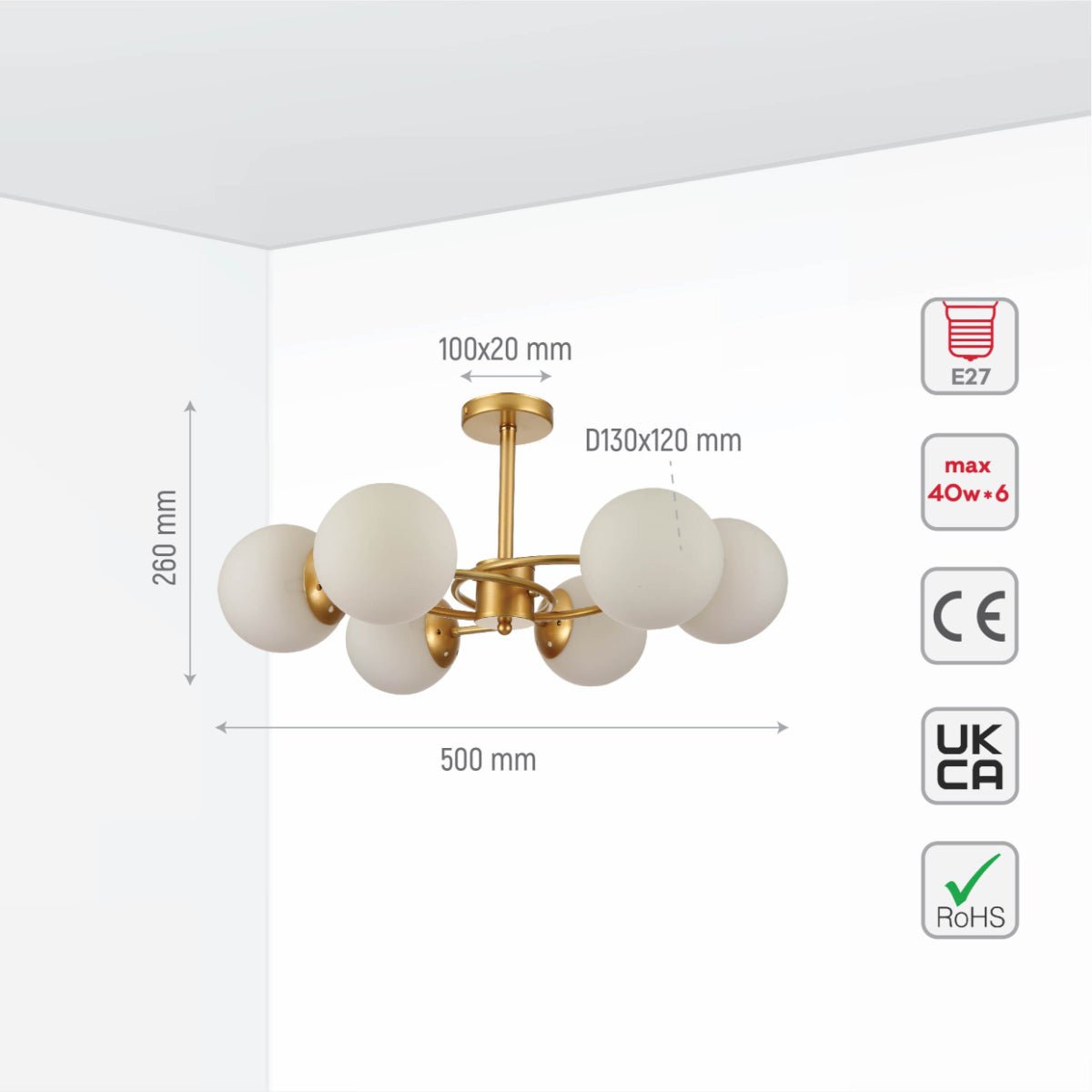 Size and specs of Gold Crescent Body Opal Globe Ceiling Light with E27 Fittings | TEKLED 159-17670