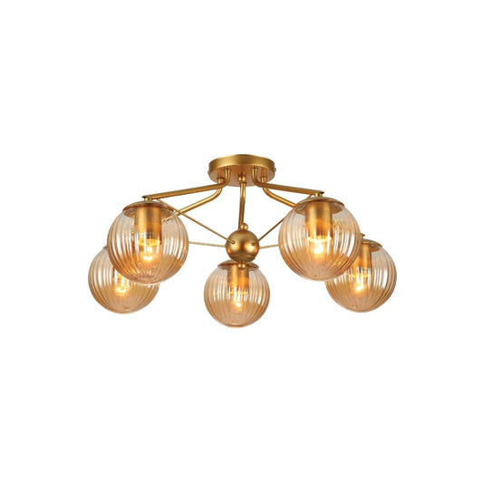 Amber Reeded Globe Gold Semi Flush Ceiling Light E27