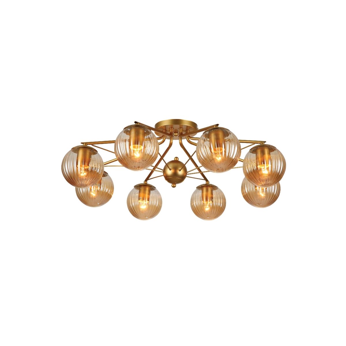 Amber Reeded Globe Gold Semi Flush Ceiling Light E27