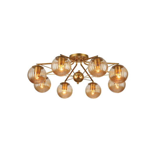 Amber Reeded Globe Gold Semi Flush Ceiling Light E27