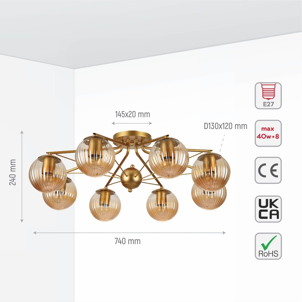 Size and specs of Amber Reeded Globe Gold Semi Flush Ceiling Light E27 | TEKLED 159-17682