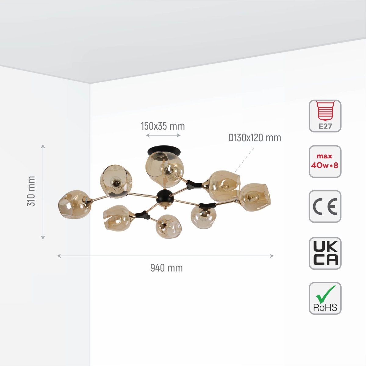 Size and specs of Amber Bell Glass Sputnik Gold Semi Flush Ceiling Light E27 | TEKLED 159-17724