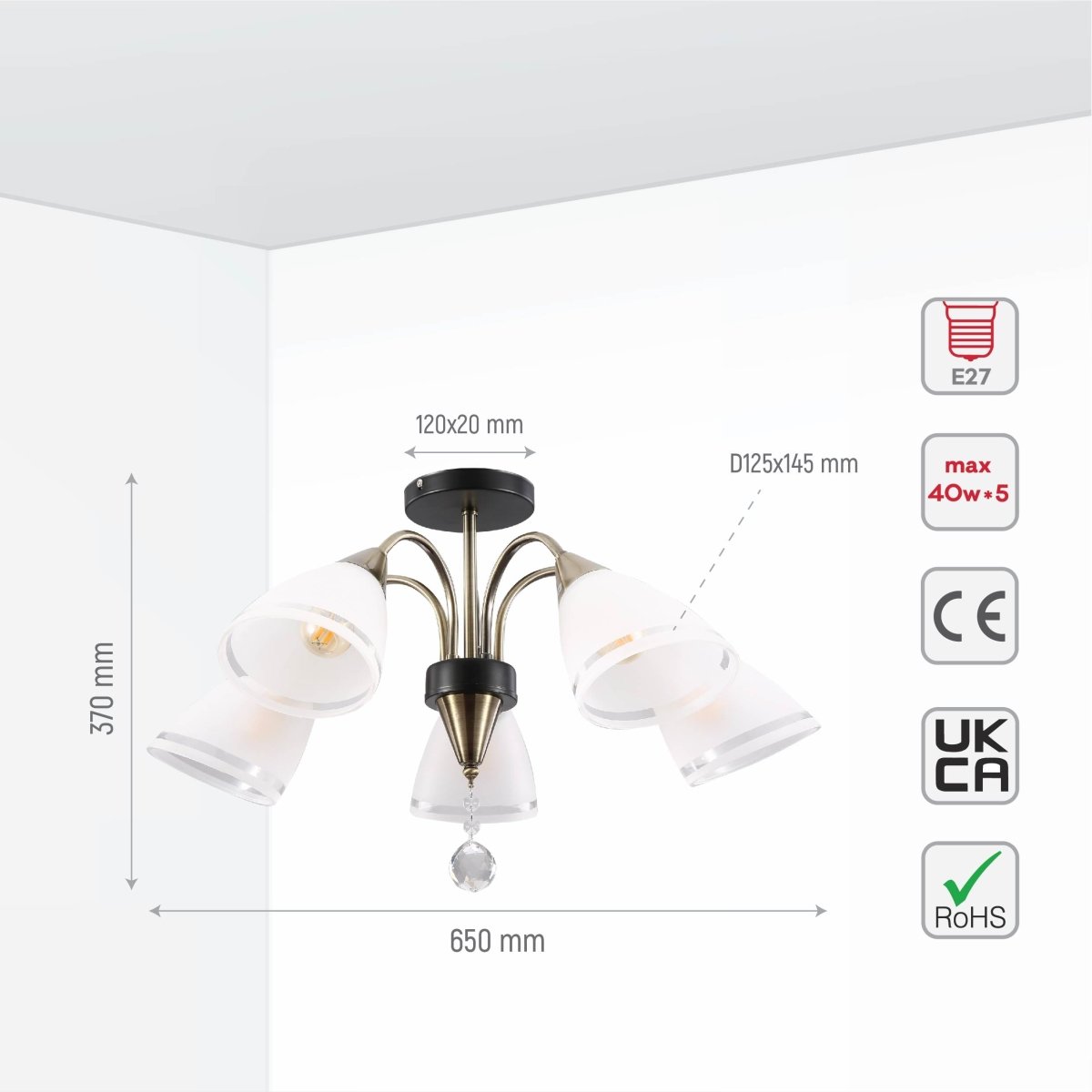 Size and specs of Petal Snowdrop Cone Glass Antique Brass Semi Flush Ceiling Light E27 | TEKLED 159-17728