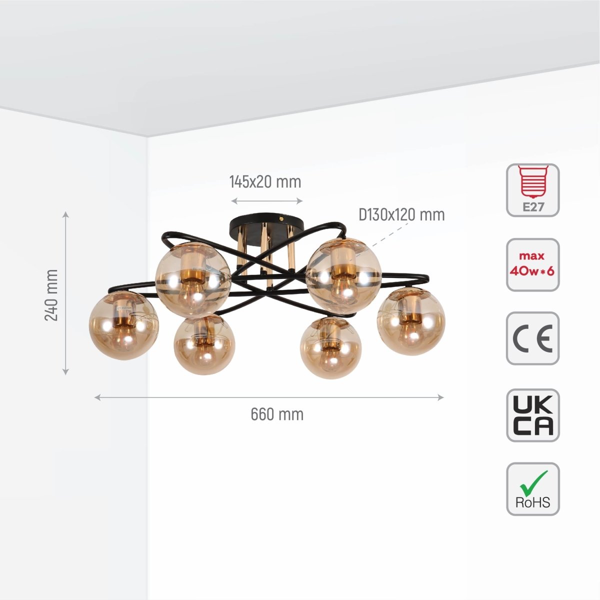 Size and specs of Amber Globe Glass Black Ellipse Metal Modern Semi Flush Ceiling Light E27 | TEKLED 159-17738