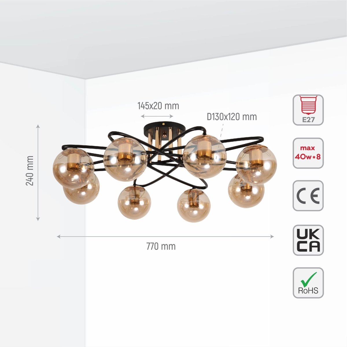 Size and specs of Amber Globe Glass Black Ellipse Metal Modern Semi Flush Ceiling Light E27 | TEKLED 159-17740