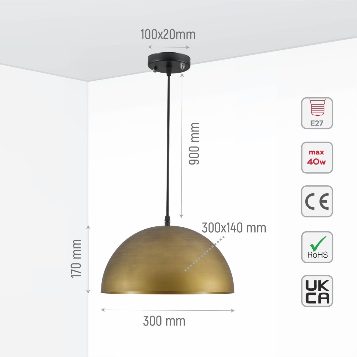 Size and specs of diameter with 300 mm Yellow Brass Finish dome Metal Pendant Ceiling Light E27 Fitting 159-17750