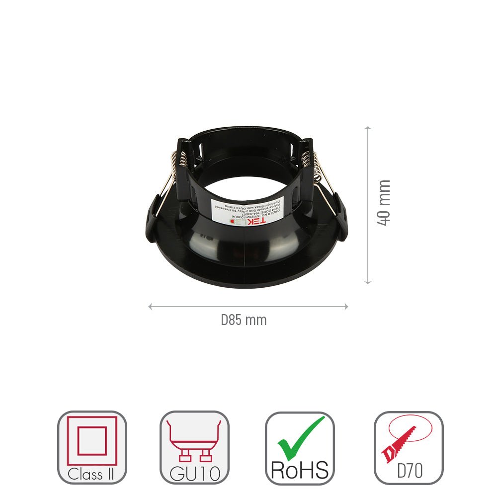 Size and specs of Round Anti Glare Polycarbonate Recessed Downlight GU10 White or Black | TEKLED 164-03007