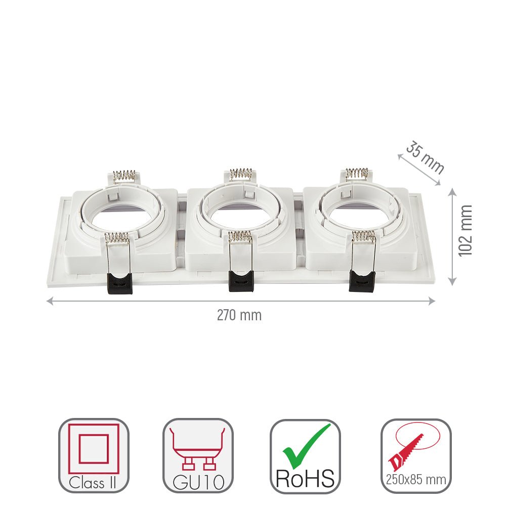 Size and specs of Polycarbonate Grill Tilt Recessed Downlight GU10 White or Black Single Double Triple | TEKLED 164-03013  164-03019