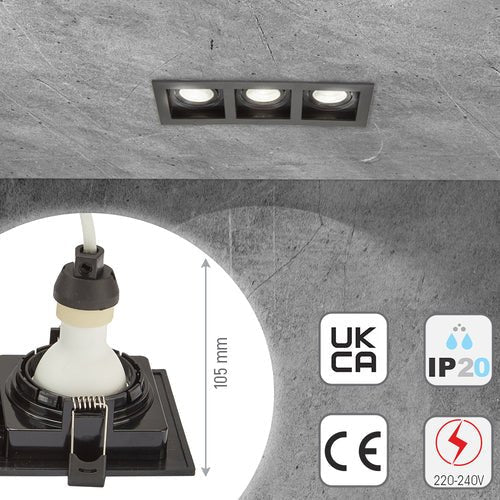 Close up shots of Polycarbonate Grill Tilt Recessed Downlight GU10 White or Black Single Double Triple | TEKLED 164-03009 UKCA CE depth