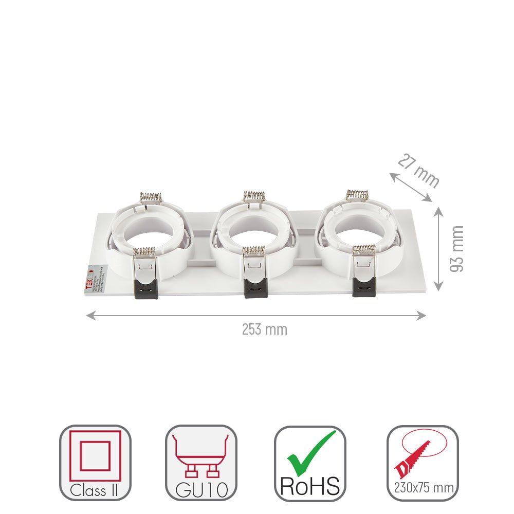 Size and specs of Rectangle Polycarbonate Tilt Recessed Downlight GU10 White or Black Single Double Triple | TEKLED 164-03027