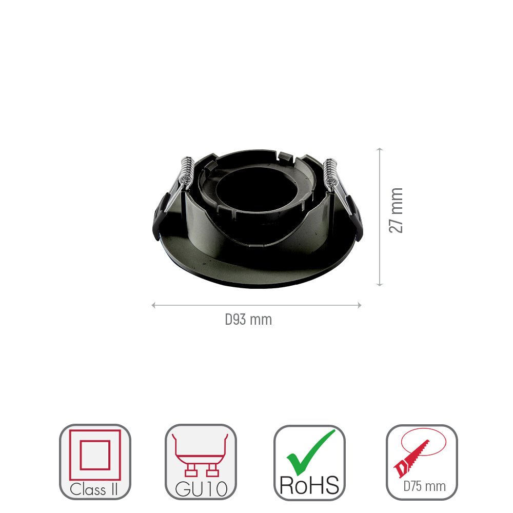 Size and specs of Round Polycarbonate Tilt Recessed Downlight GU10 White or Black | TEKLED 164-03029