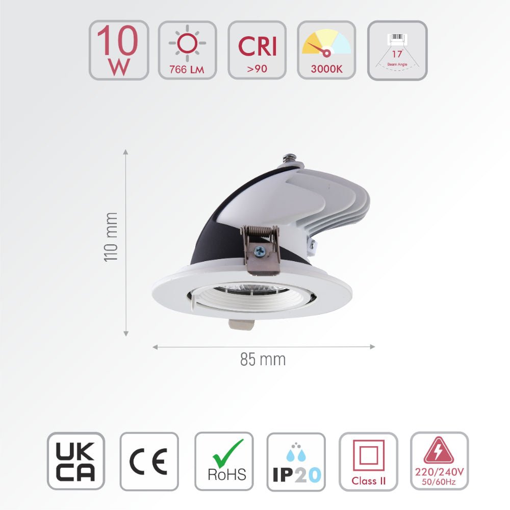 Size and specs of LED Accent Performance Swivel and Scoop Downlight 10W 20W 30W Warm White Cool White Cool Daylight CRI90 White | TEKLED warm 10w