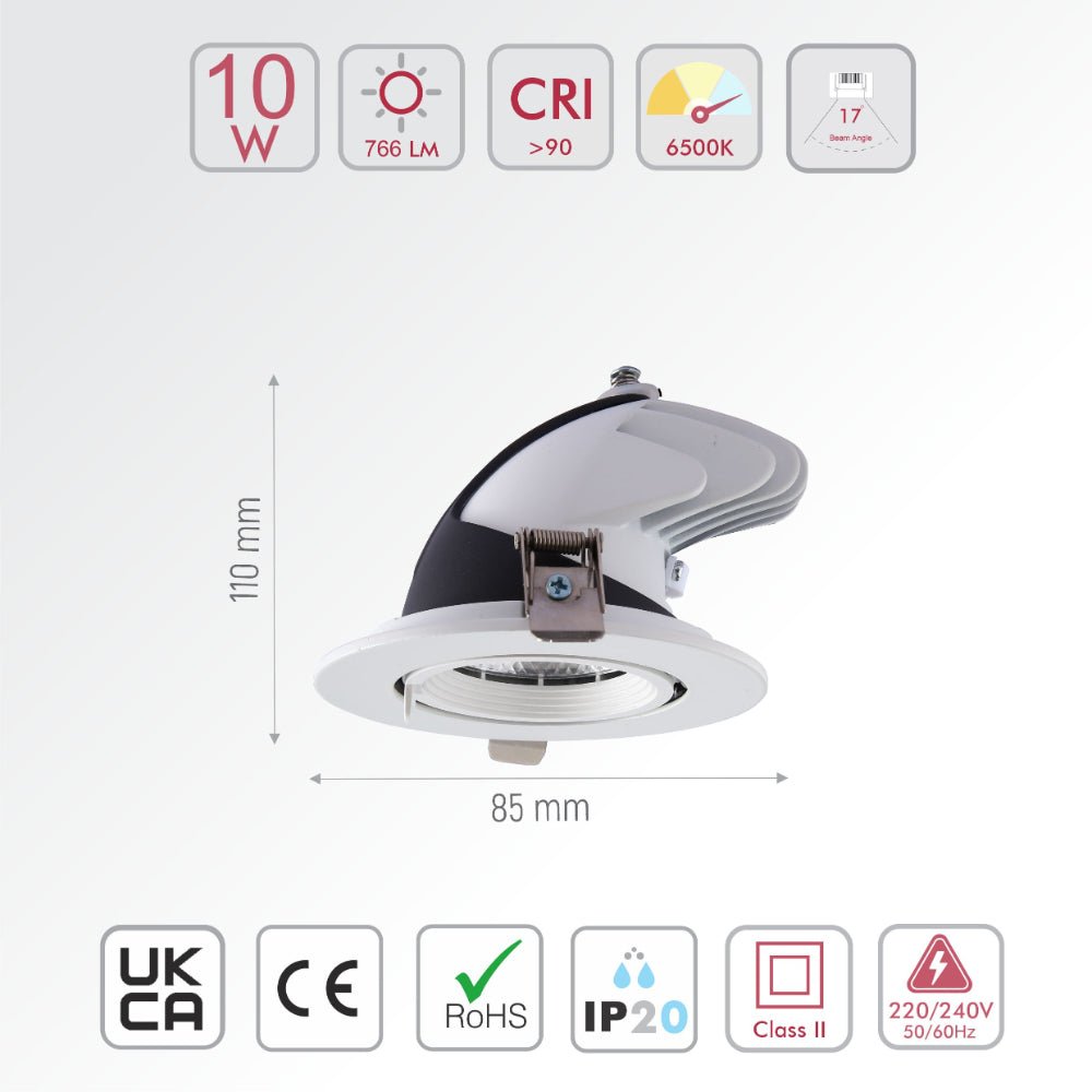 Size and specs of LED Accent Performance Swivel and Scoop Downlight 10W 20W 30W Warm White Cool White Cool Daylight CRI90 White | TEKLED daylight 10w