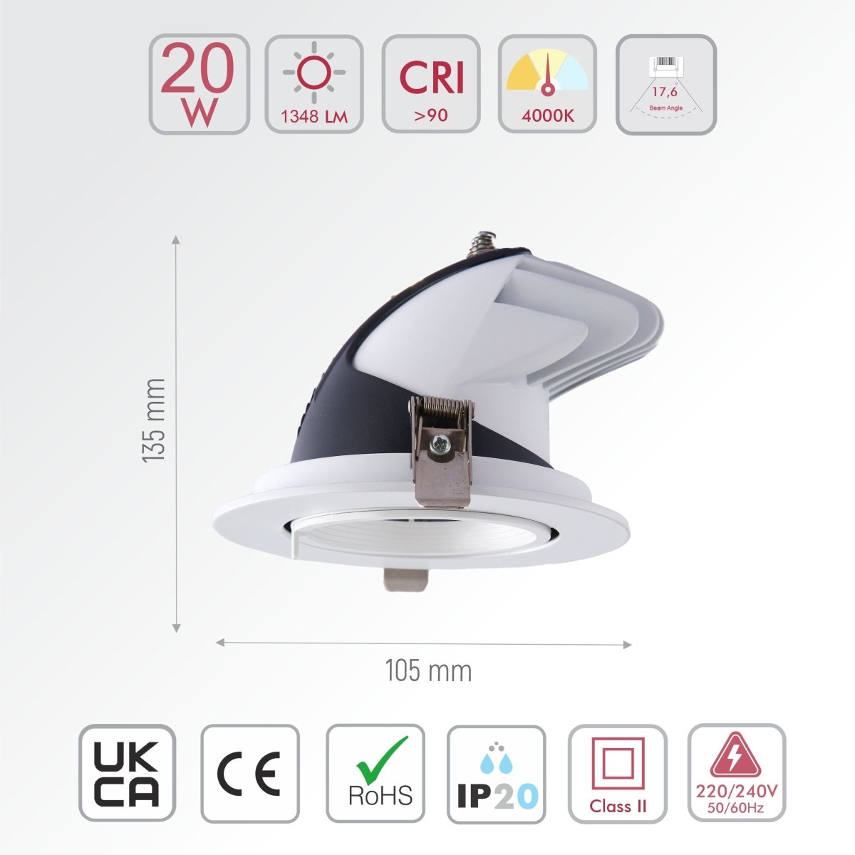 Size and specs of LED Accent Performance Swivel and Scoop Downlight 10W 20W 30W Warm White Cool White Cool Daylight CRI90 White | TEKLED 20w cool