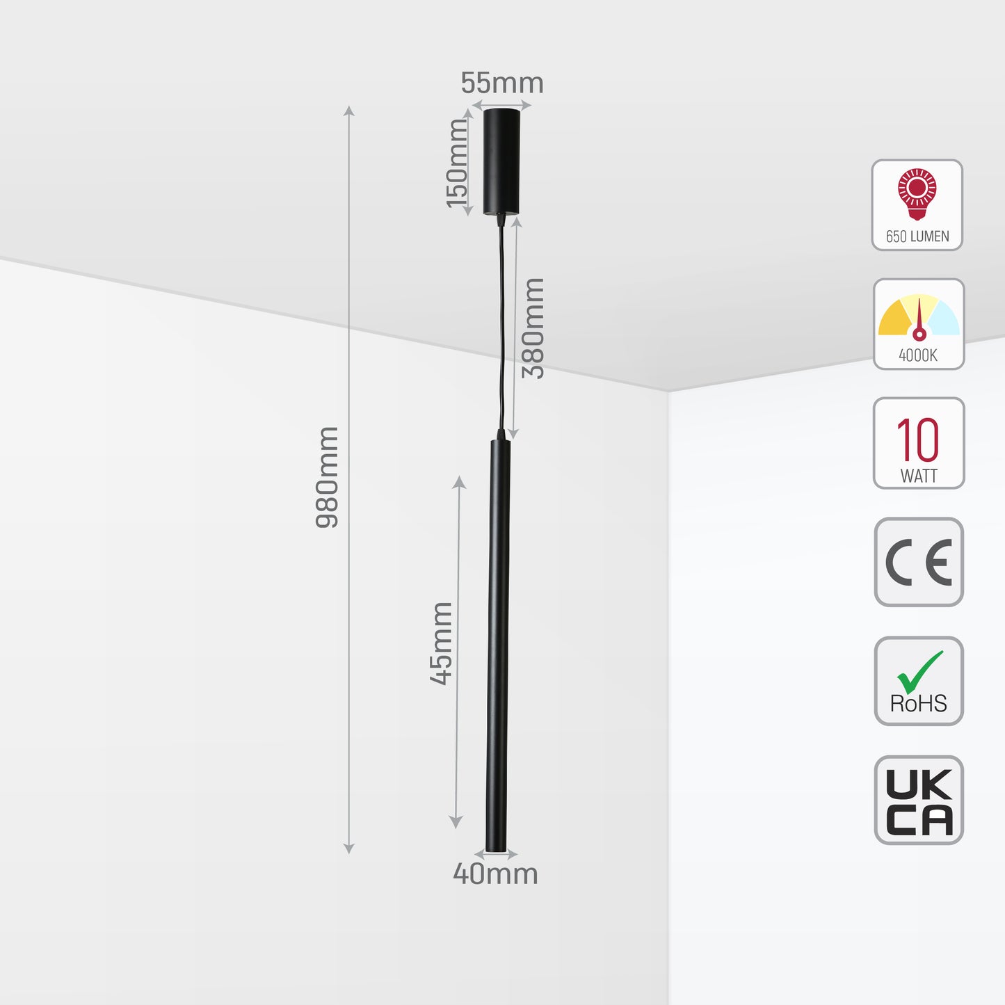 10W Pendant 4000K BLACK 40x450mm 100-265V(TEKL)