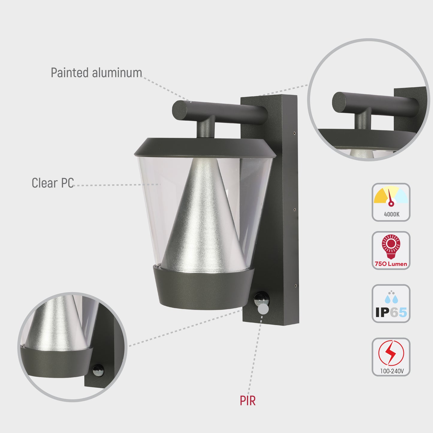 TianyLED Outdoor Wall Light With Sensor 13W 4000K (TEKLED)