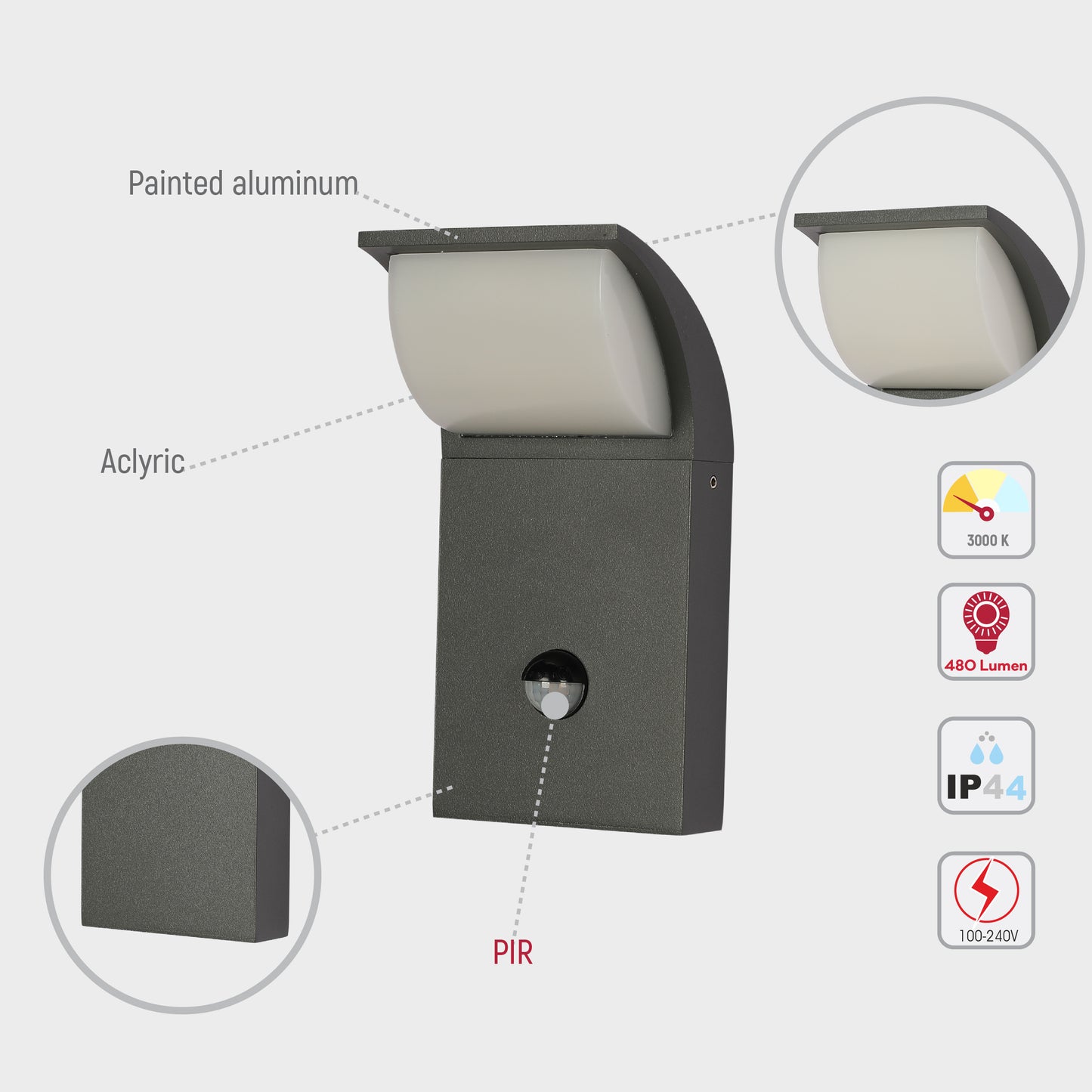 SenzaLED Outdoor Wall Light with Sensor 7.5W 3000K (TEKLED)