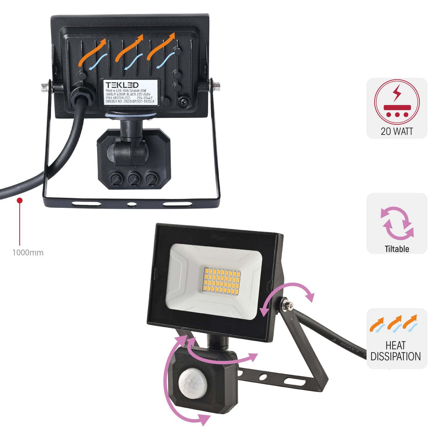 Floodlight LED IK06 With  Motion Sensor 20W 1600LM 4000K BL 240V IP65 UK(TEKLED)