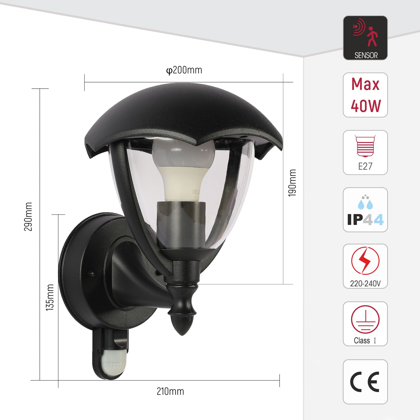 Outdoor Wall Light B0301 E27  Black With Motion Sensor
