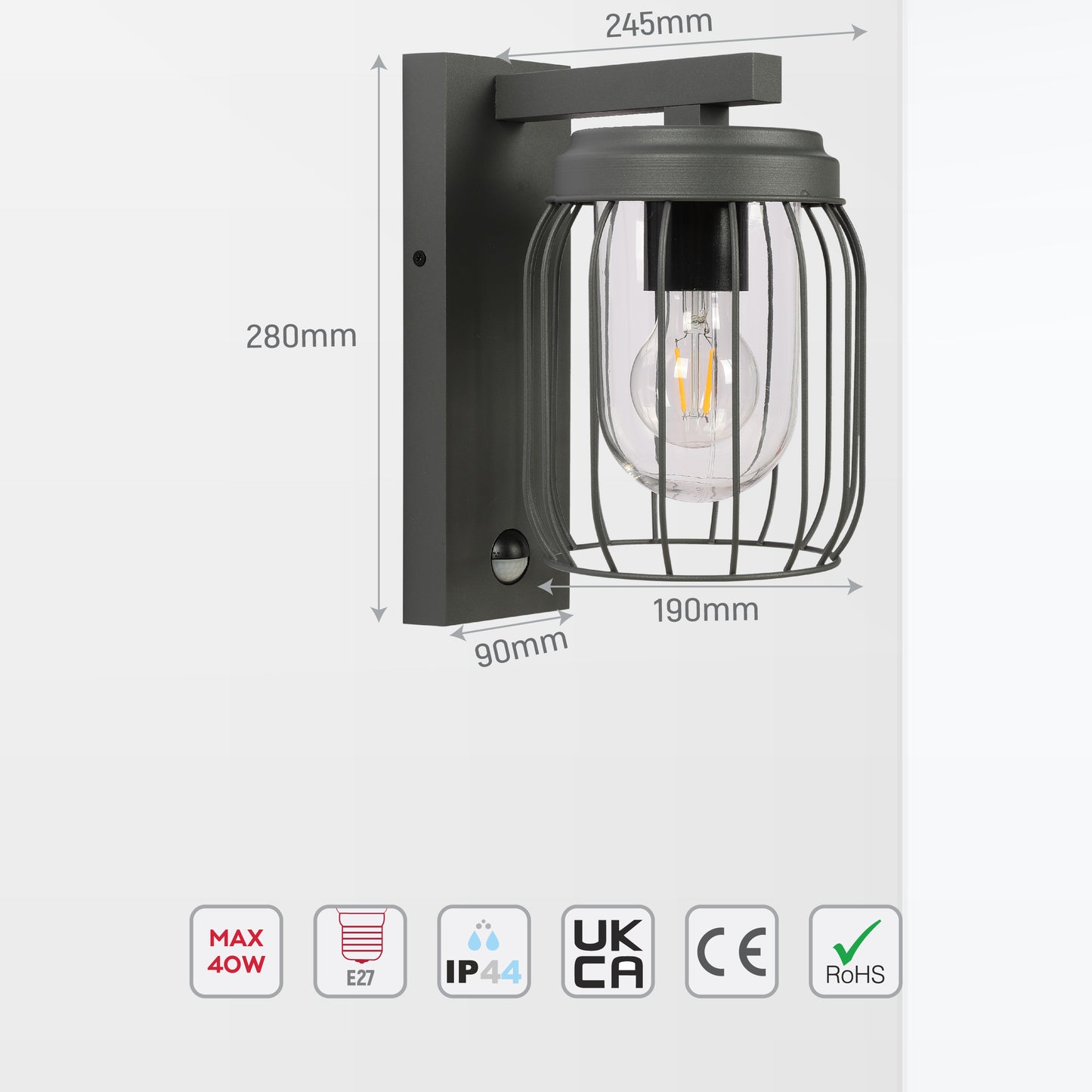 Outdoor Wall Light C0302 E27 Dark Grey With Motion Sensor
