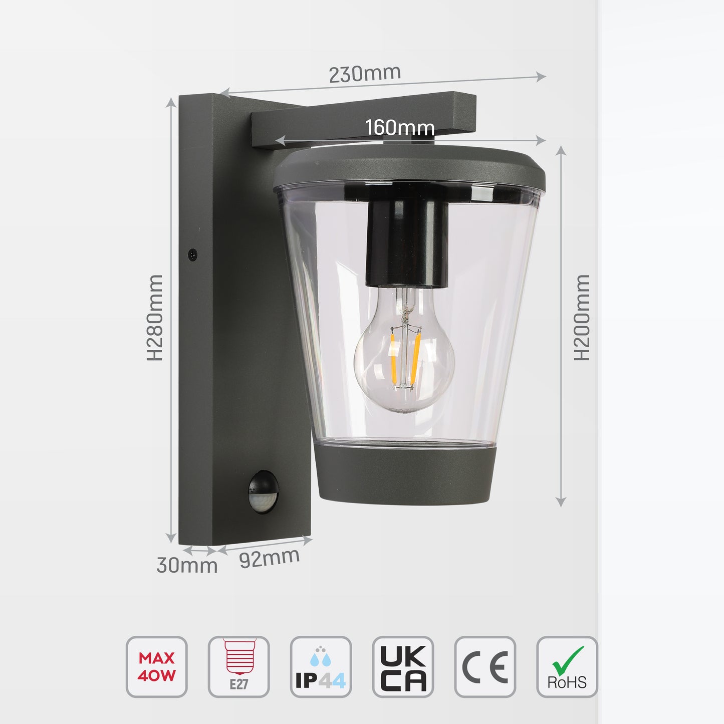 Outdoor Wall Light G1702 E27 Dark Grey With Motion Sensor