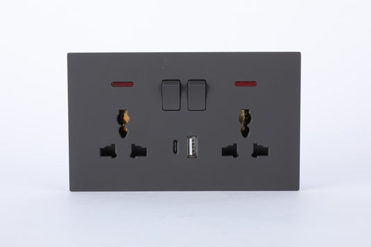 SWITCHED DOUBLE 3 PIN UNIVERSAL SOCKET WITH A+C PORT (FAST CHARGE) S60-056 BABY FACE (TEKLED ELECTRIC)
