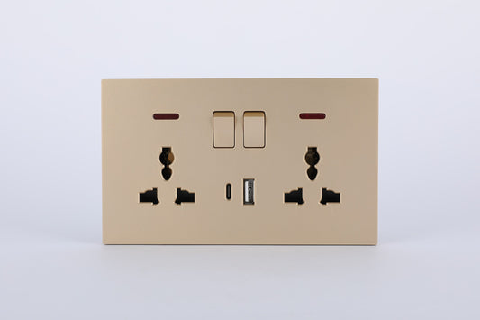 SWITCHED DOUBLE 3 PIN UNIVERSAL SOCKET WITH A+C PORT (FAST CHARGE) S60-056 BABY FACE (TEKLED ELECTRIC)