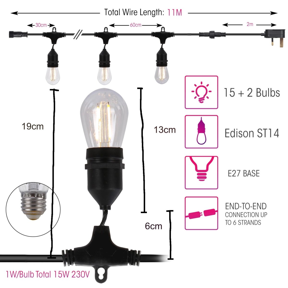 size and dimensions of 581-13147 pollux festoon led bulb string light