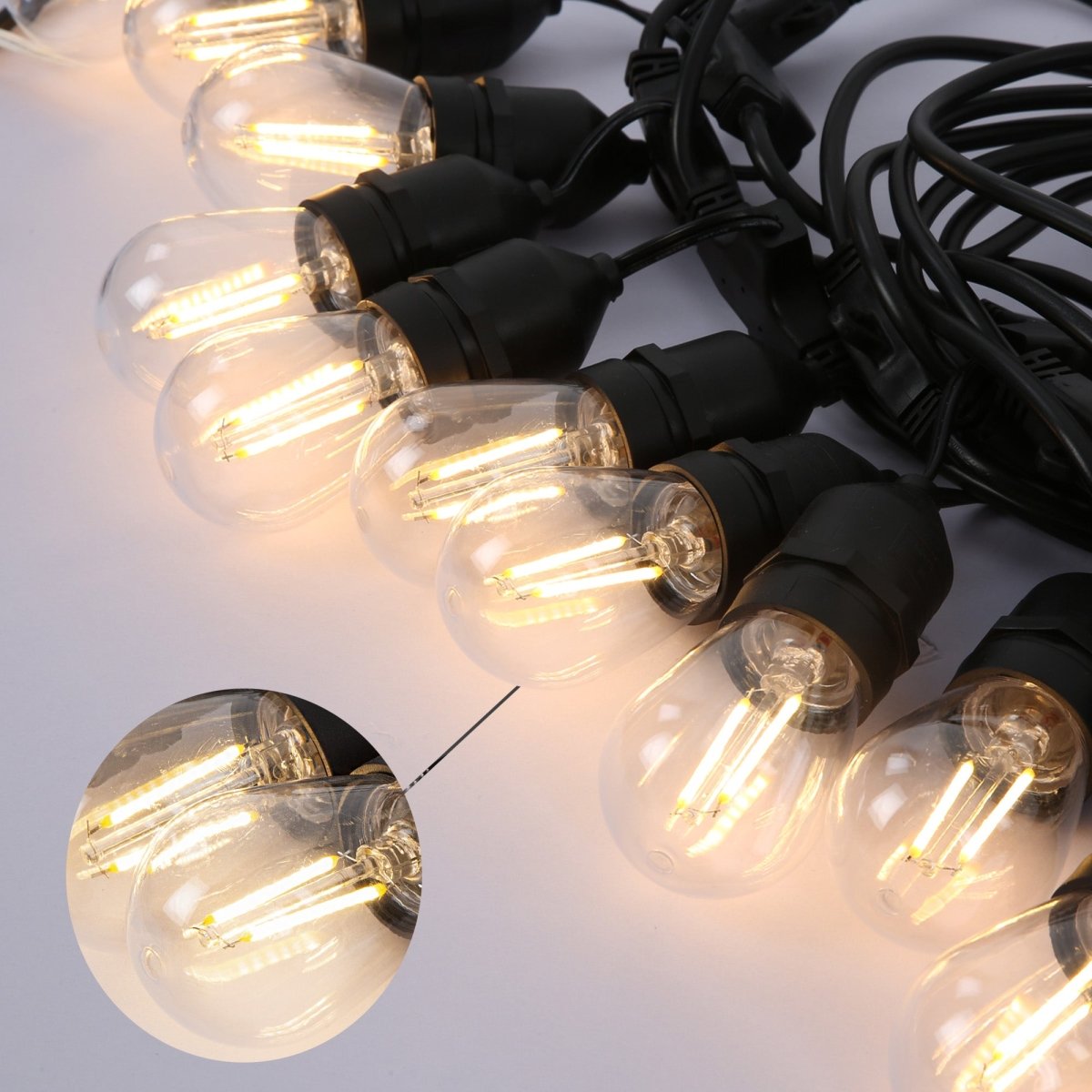 close up for Pollux LED Bulb String 15pcs/30pcs Edison Bulb ST14 E27 Edison Screw 11m/20m IP65 Waterproof Festoon Light Warm White 3000K