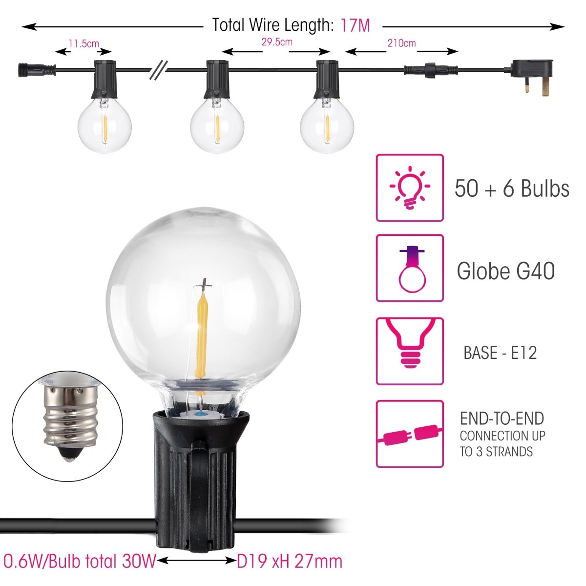 Lent (String Standard) G40/E12 9.5M 3000K IP65 TEKLED