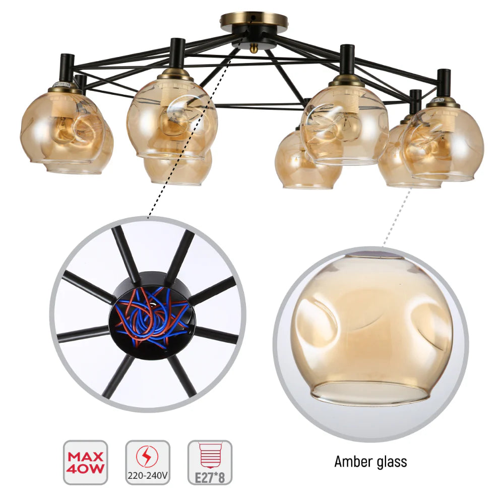 Amber Bell Glass Black Metal Semi Flush Ceiling Light