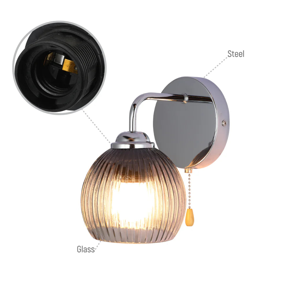 Reeded Glass Wall Light with Pull Down Switch E27 Fitting