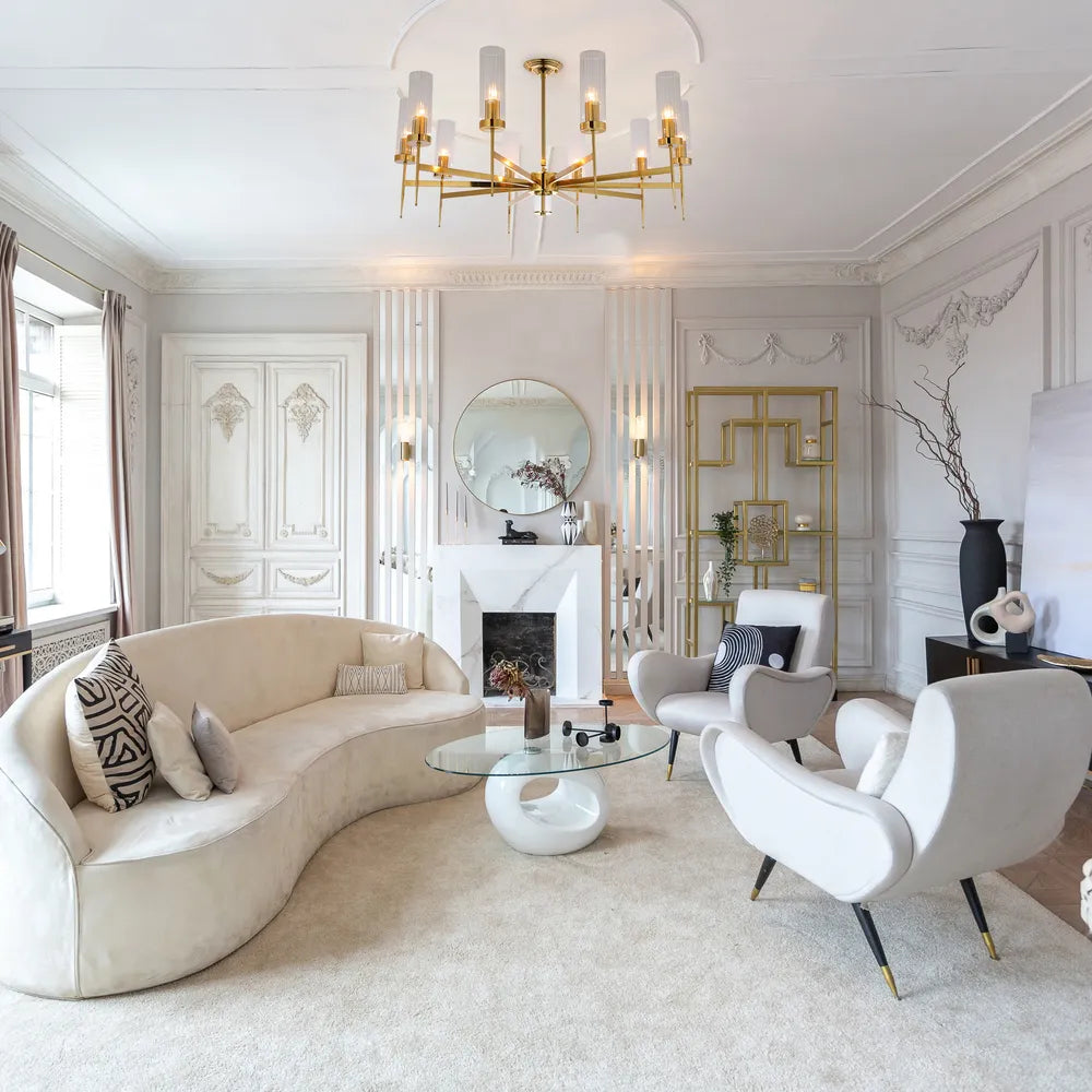 Elegant American fluted glass chandelier illuminating a modern dining room with minimalist decor and warm ambiance.159-18224