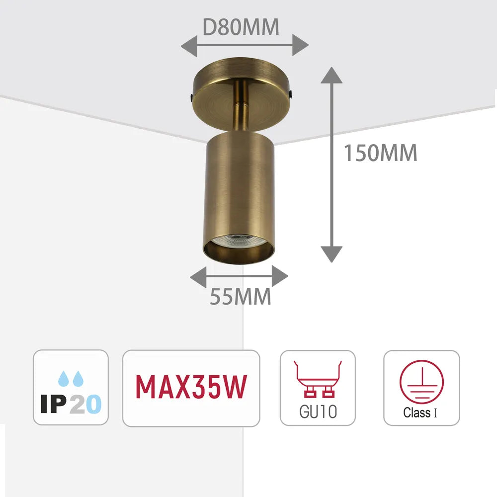 Size and technical specs of the Antique Brass GU10 Spotlight Bar-172-030621