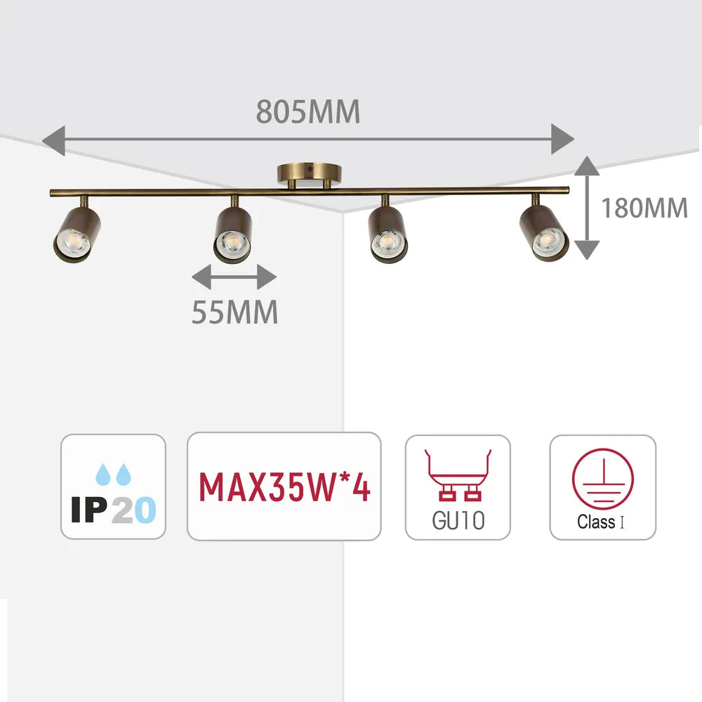 Size and technical specs of the Antique Brass GU10 Spotlight Bar-172-030624