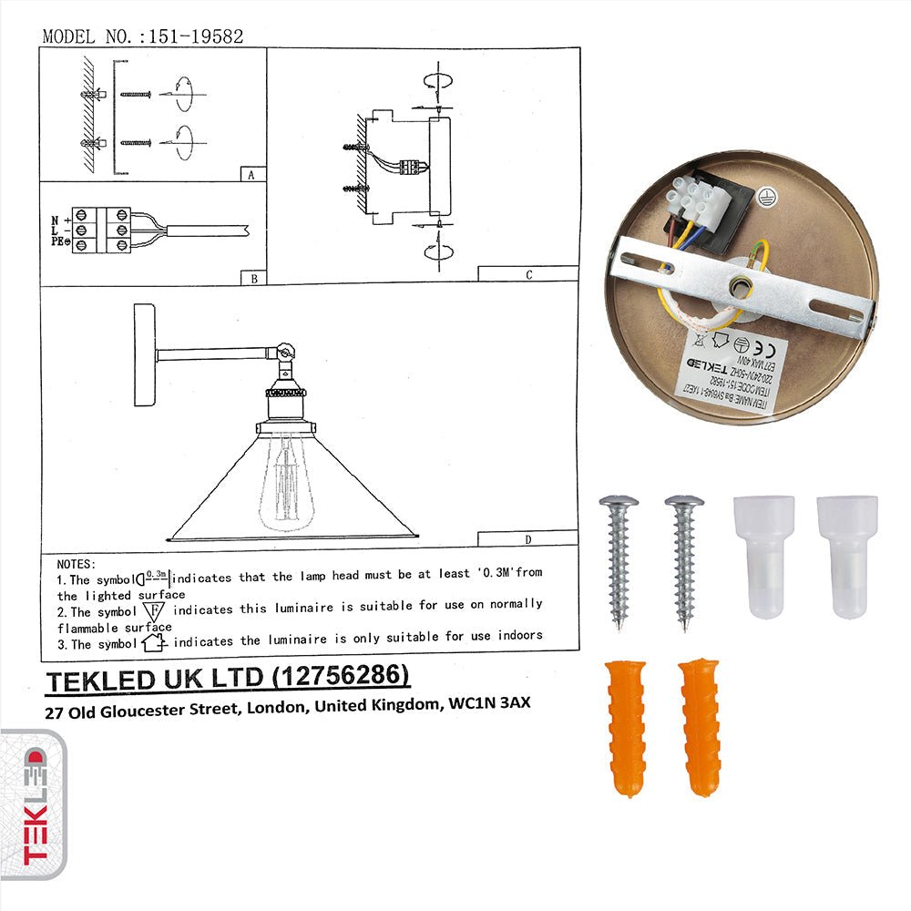 User manual and installation tools of Antique Brass Hinged Metal Funnel Wall Light with E27 Fitting