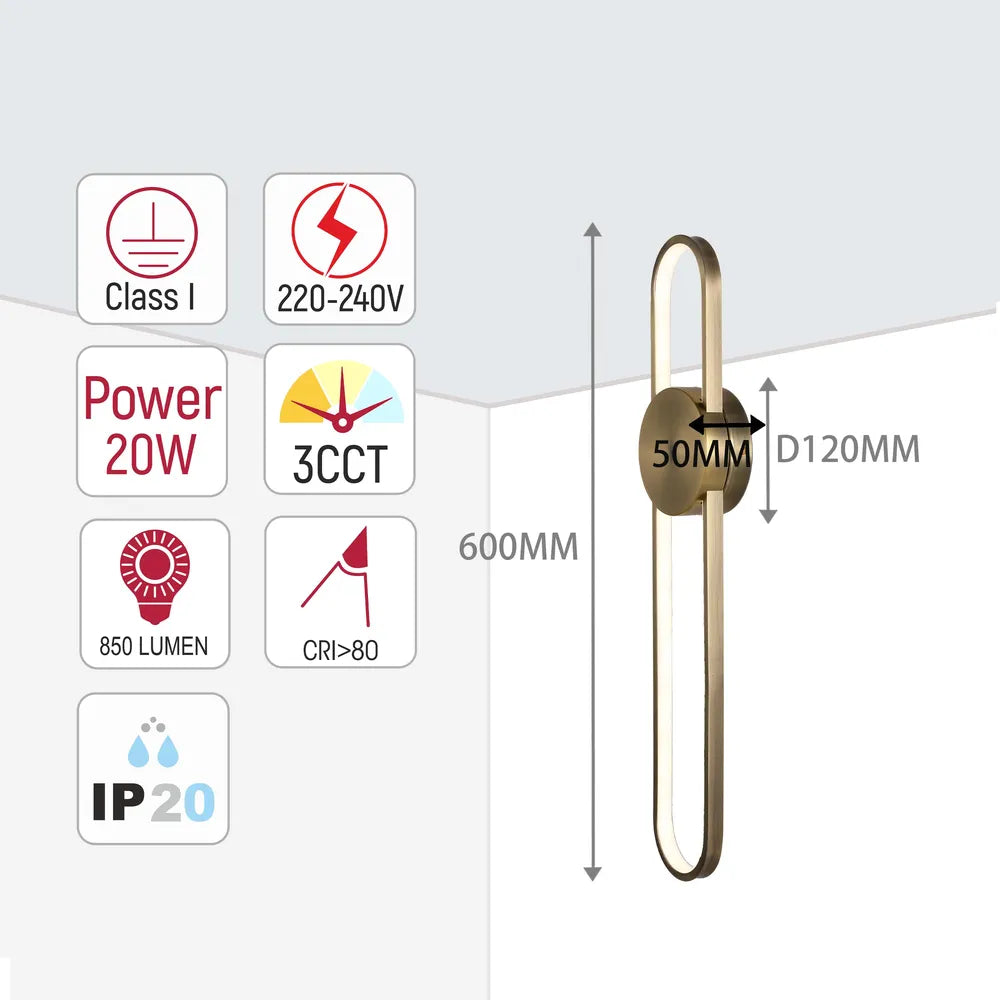 Size and technical specs of the Antique Brass LED Wall Lamp 60x9cm 20W 3CCT (TEKLED)-151-19324-151-19324