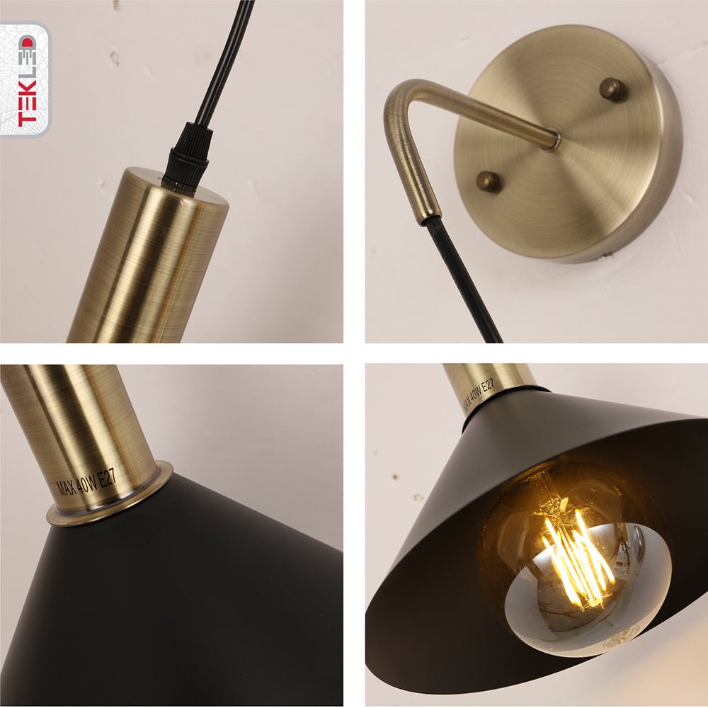 Detailed captures of Antique Brass Metal Black Cone Suspended Wall Light with E27 Fitting