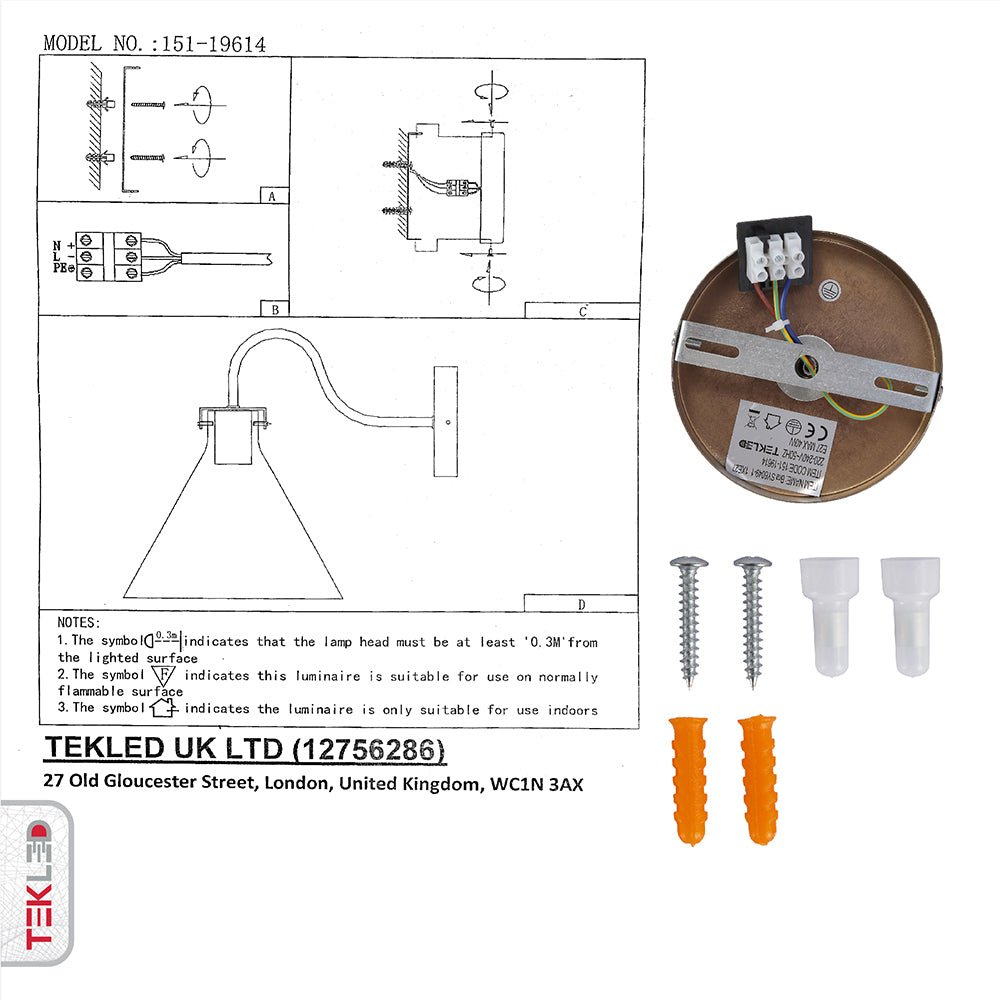 User manual and installation tools of Antique Brass Metal Clear Glass Funnel Wall Light with E27 Fitting