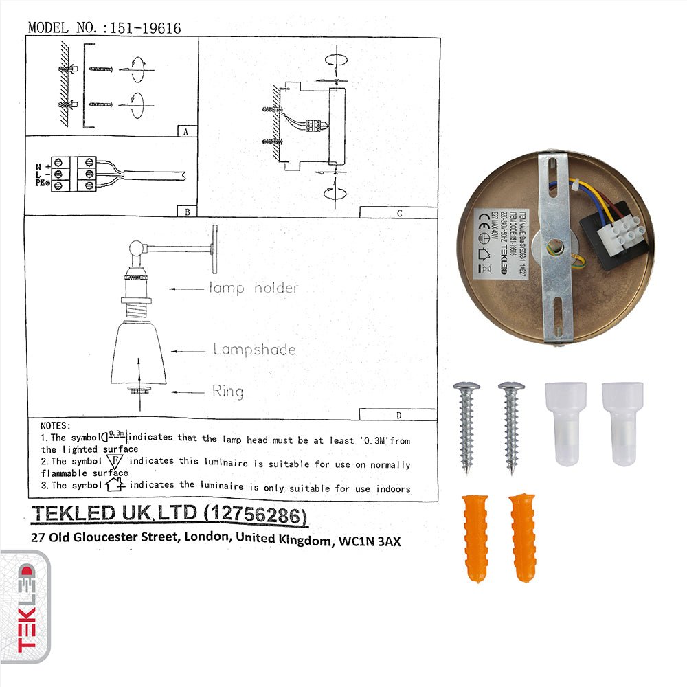 User manual and installation tools of Antique Brass Metal Hinged Clear Glass Cone Wall Light with E27 Fitting