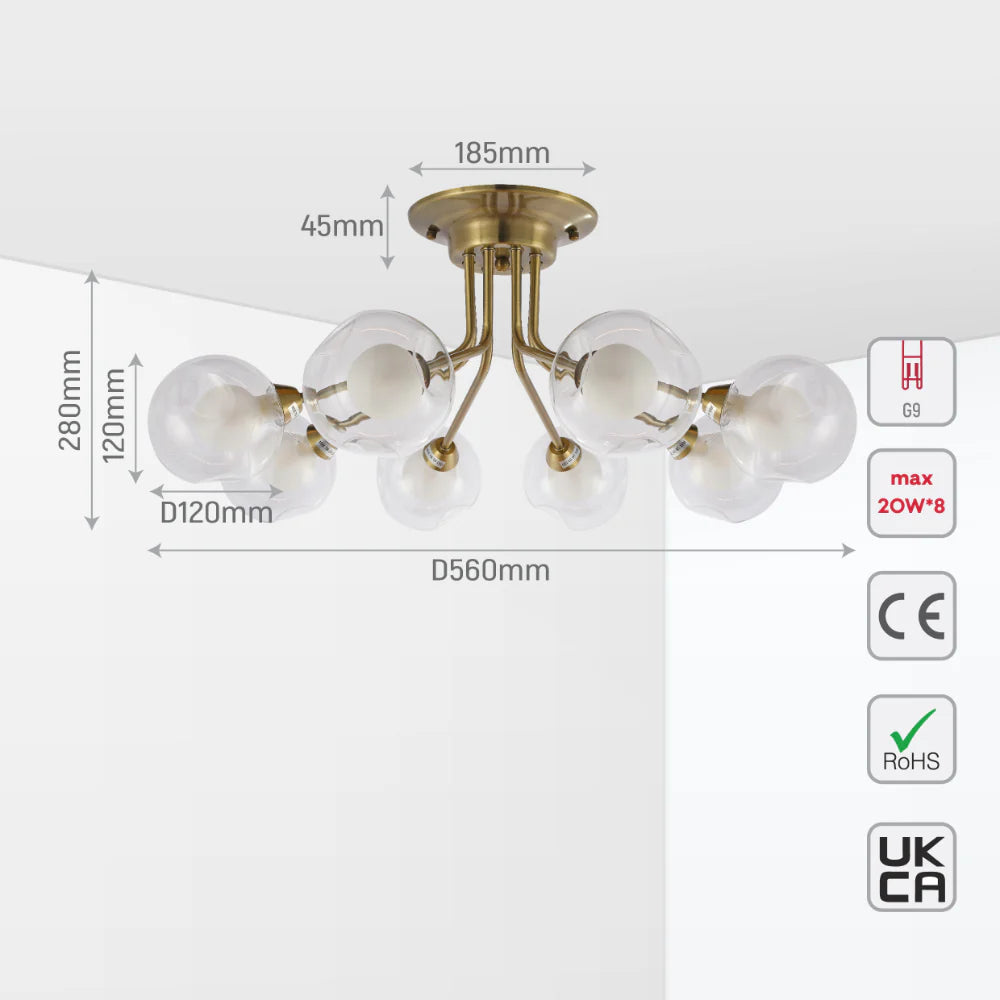 Size and tech specs of Antique Brilliance Dimpled Globe Light | Opal Essence Semi-Flush Mount | 5 or 8 Lamps | TEKLED 158-19694