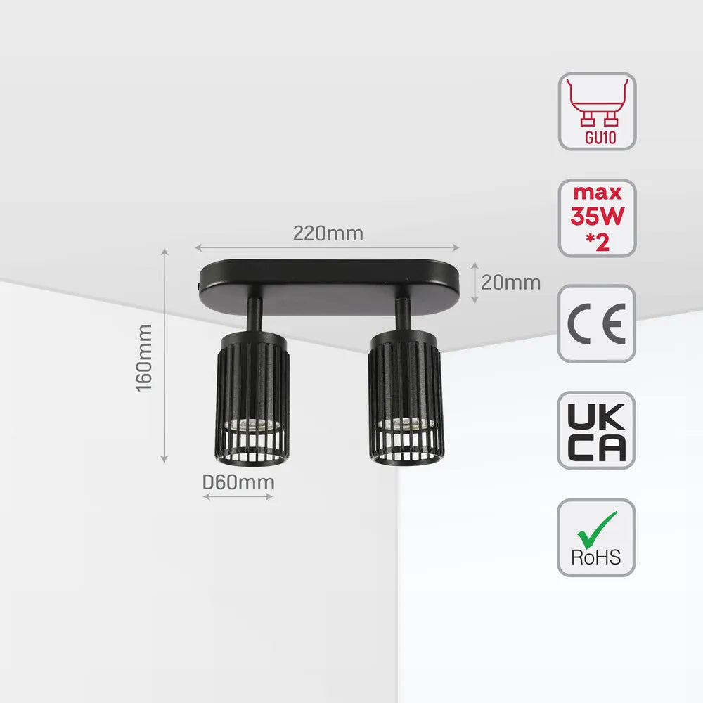 Size and technical specs of the Aria Cage-Bar Adjustable GU10 Spotlight-172-03155