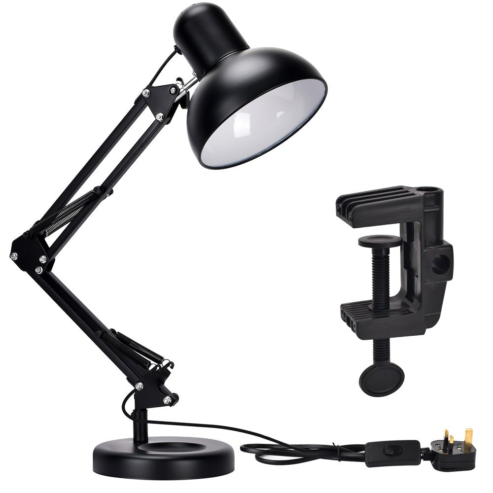 Close up of  Atlas Architect Swing Arm Black Desk Lamp with Clip E27