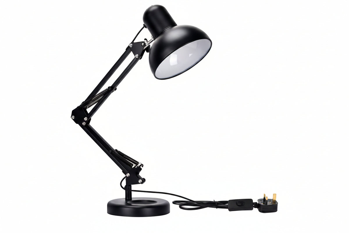 Close up of  Atlas Architect Swing Arm Black Desk Lamp with Clip E27
