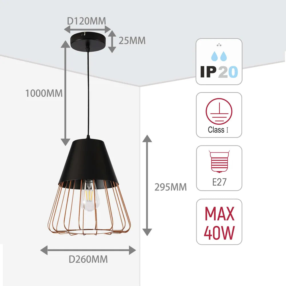 Size and technical specs of the Aurelia Black & Gold Cage Pendant Light-150-180821