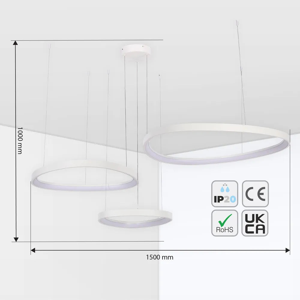 Size and technical specs of the Aurora Flow Dynamic LED Modern Pendant Ceiling Light (Customisable 3 Rings, CCT Adjustable)-159-18170