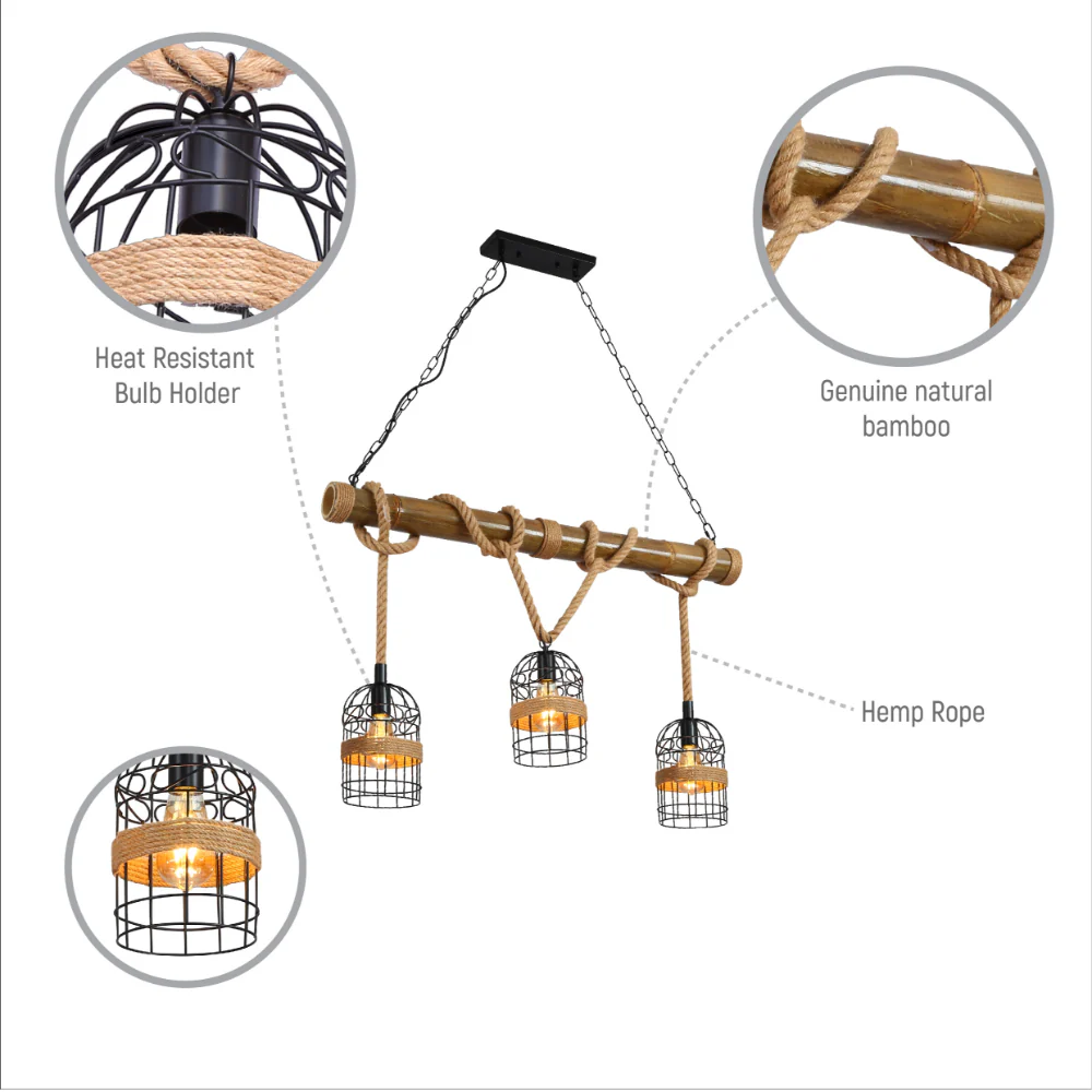 Close up of Bamboo and Hemp Rope Ceiling Light with Bird Nest Shades | TEKLED 150-18096