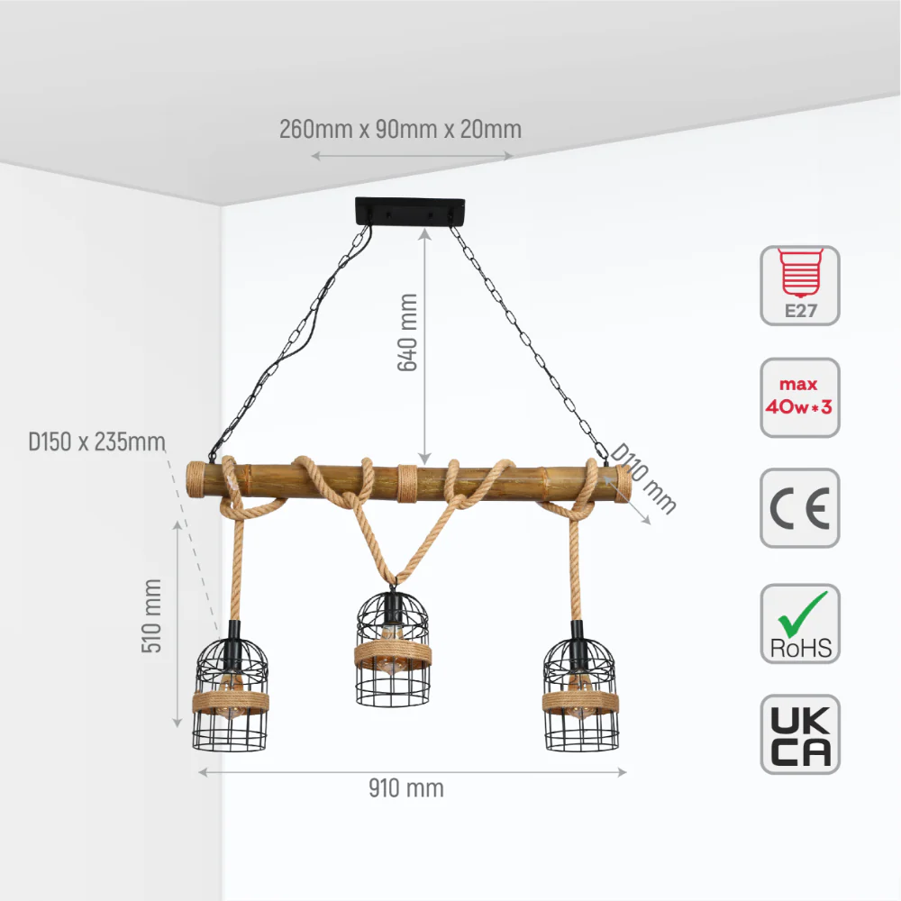 Size and tech specs of Bamboo and Hemp Rope Ceiling Light with Bird Nest Shades | TEKLED 150-18096