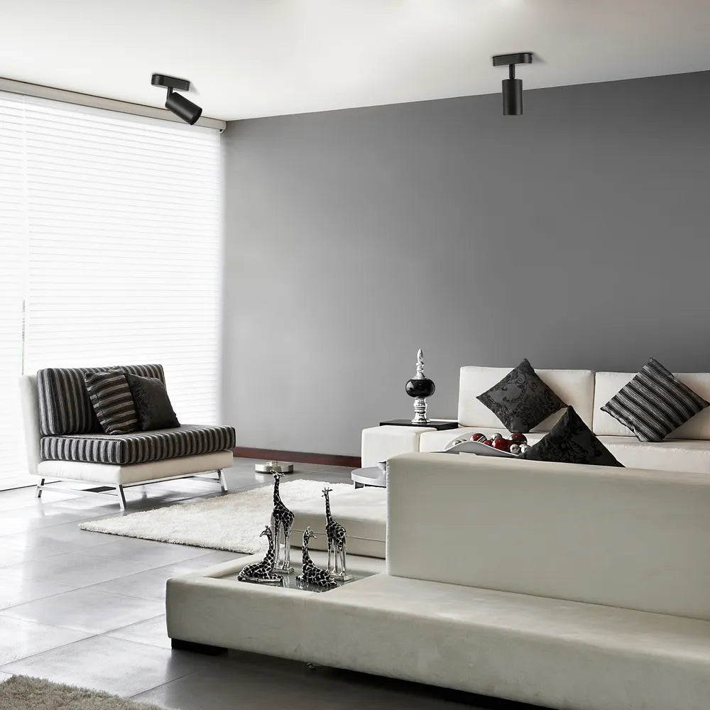 Modern beam cylinder GU10 spotlight illuminating a contemporary living room with sleek decor and stylish furniture.172-03045